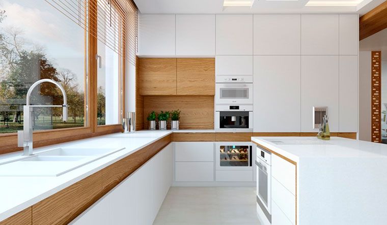 Белая столешница в интерьере кухни (59 фото)